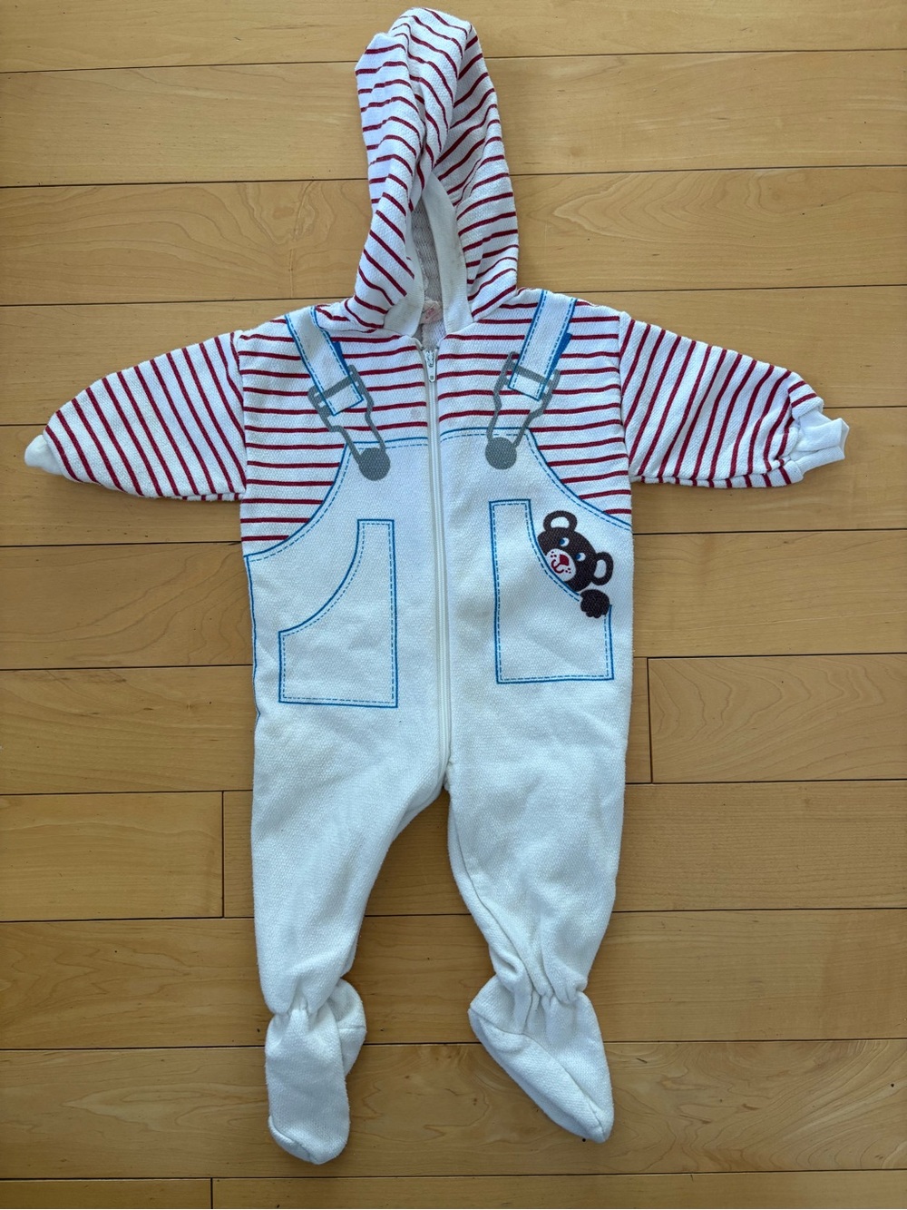 Vintage Striped Red and White Hooded Sleeper Footie with Bear